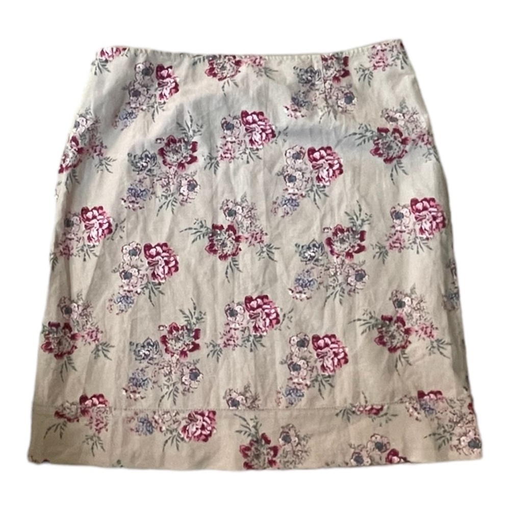 Eddie Bauer Linen Cotton Blend Tan Khakis Floral Skirt Size 16 Breathable